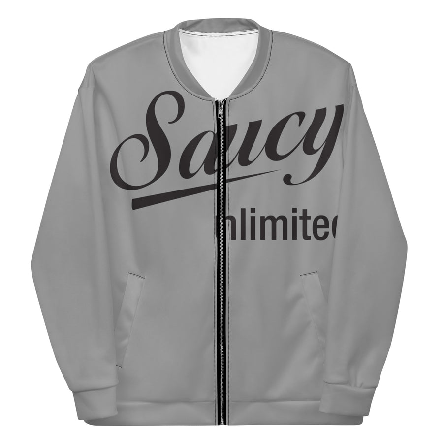 Saucy Unlimited Big Black Logo Gray Bomber Jacket