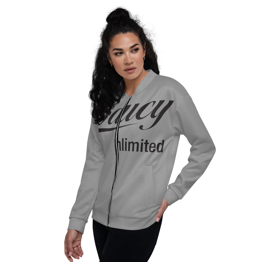 Saucy Unlimited Big Black Logo Gray Bomber Jacket