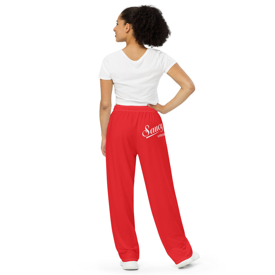 Saucy Unlimited White Logo Wide-leg Red Pants