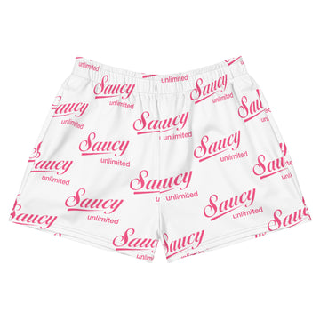 Saucy Unlimited Pink Logo On White Women’s Athletic Shorts