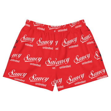 Saucy Unlimited White Logo On Red Women’s Athletic Shorts