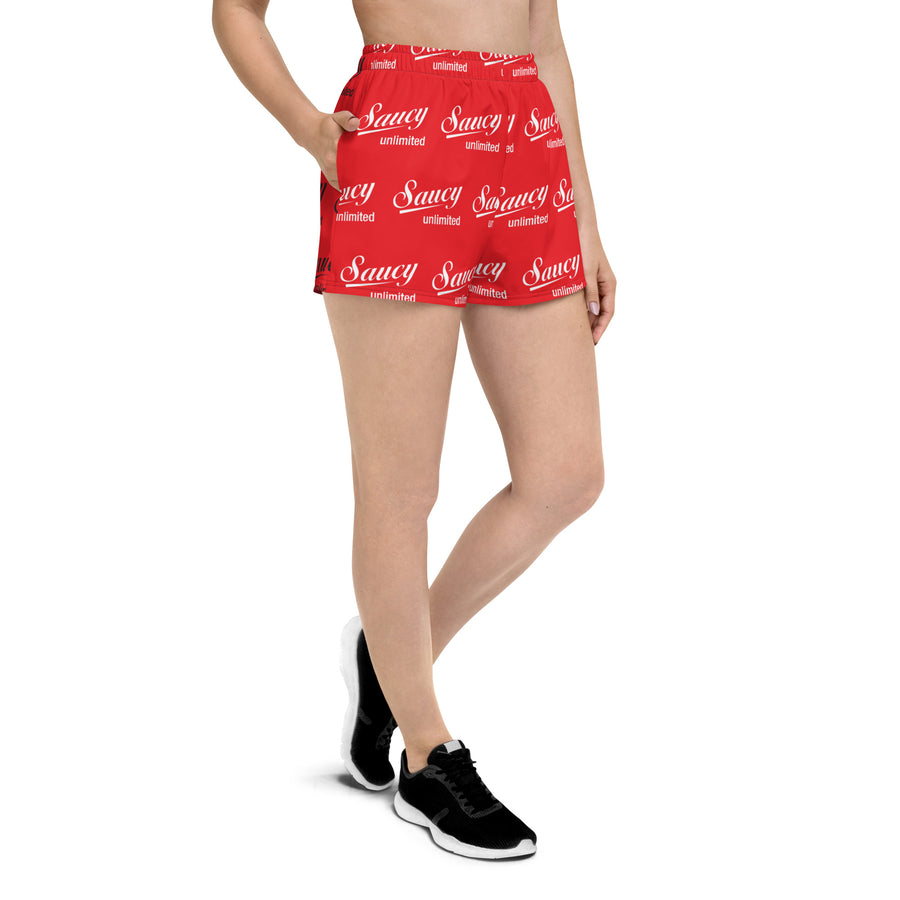 Saucy Unlimited White Logo On Red Women’s Athletic Shorts