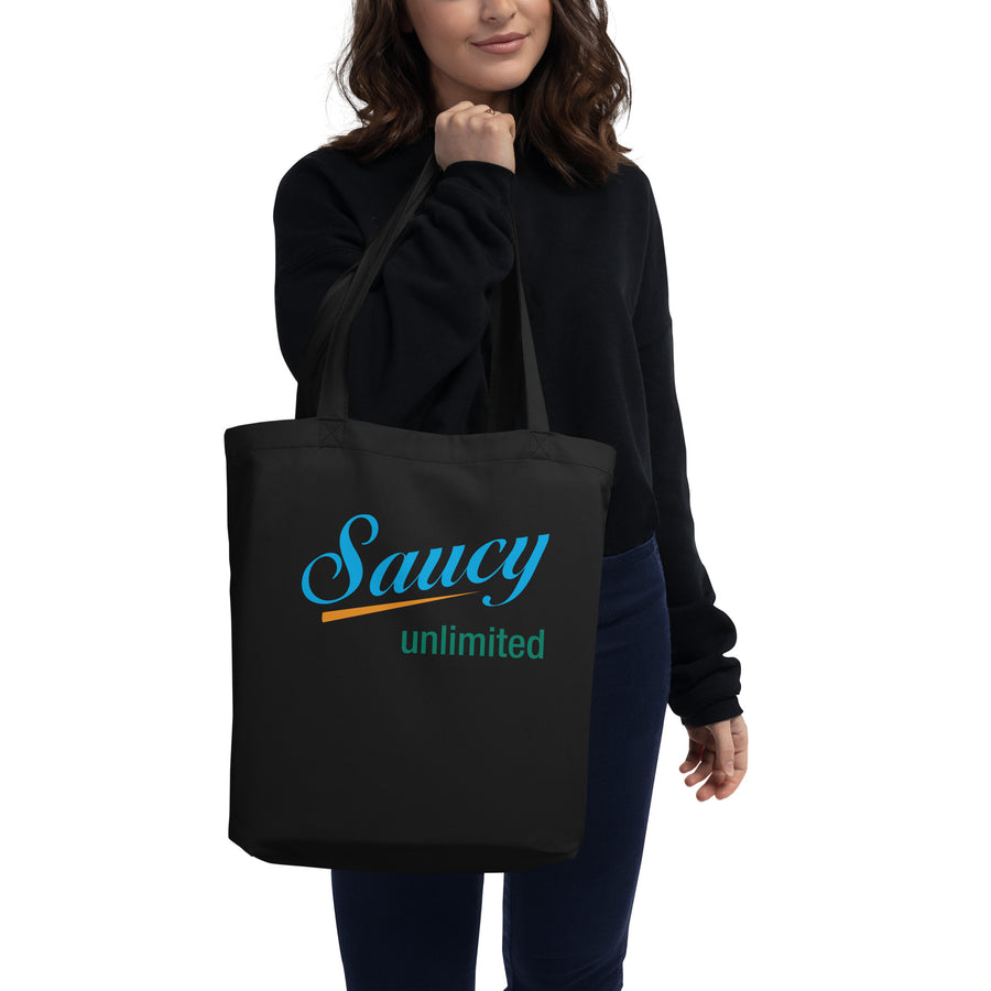 Saucy Unlimited Light Blue, Orange And Green Logo Tote Bag